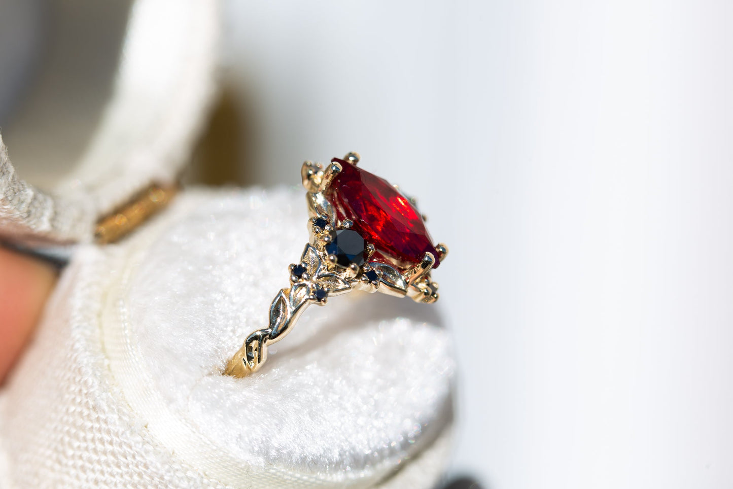 Oramore jewelryBriar rose three stone with marquise lab ruby and black diamonds