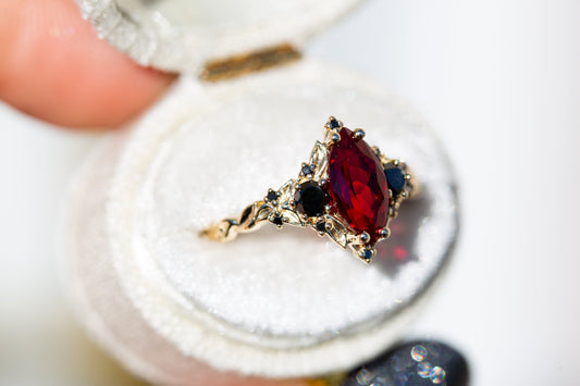 Oramore jewelryBriar rose three stone with marquise lab ruby and black diamonds