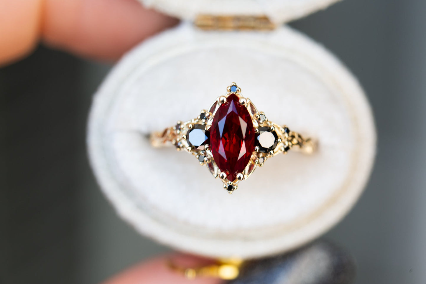 Oramore jewelryBriar rose three stone with marquise lab ruby and black diamonds