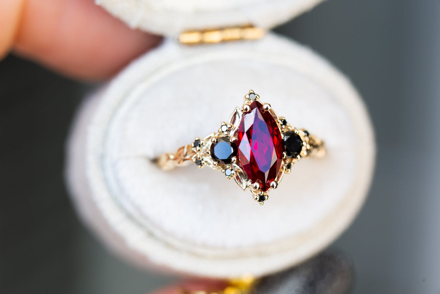 Oramore jewelryBriar rose three stone with marquise lab ruby and black diamonds