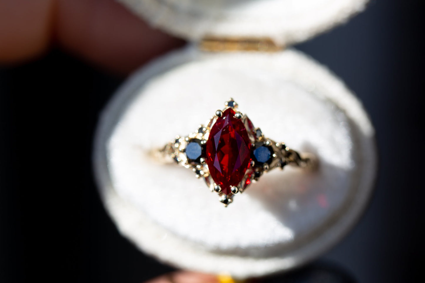 Oramore jewelryBriar rose three stone with marquise lab ruby and black diamonds