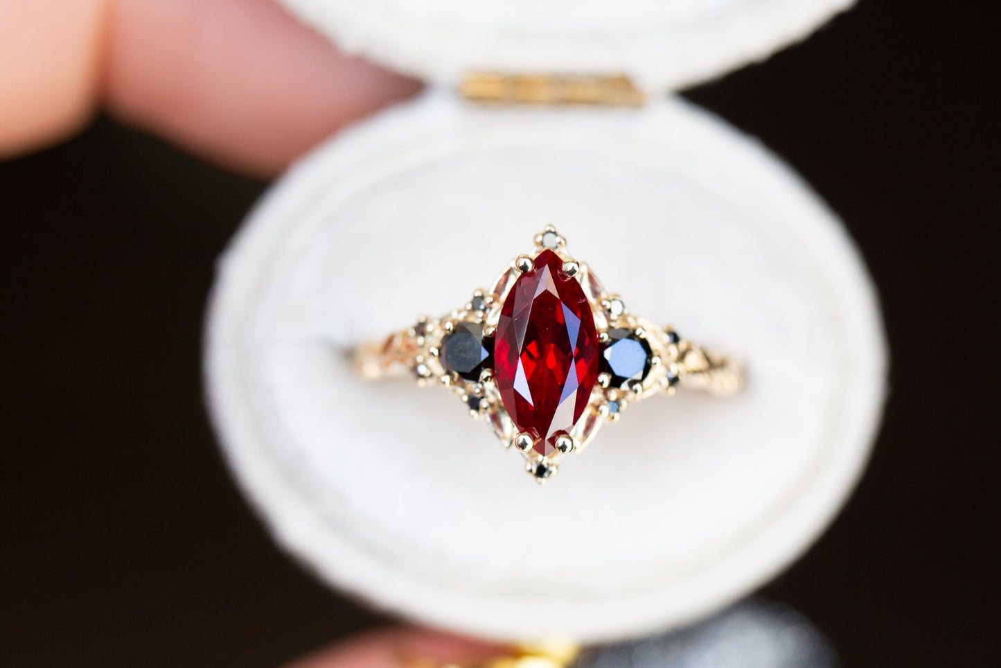 Oramore jewelryBriar rose three stone with marquise lab ruby and black diamonds