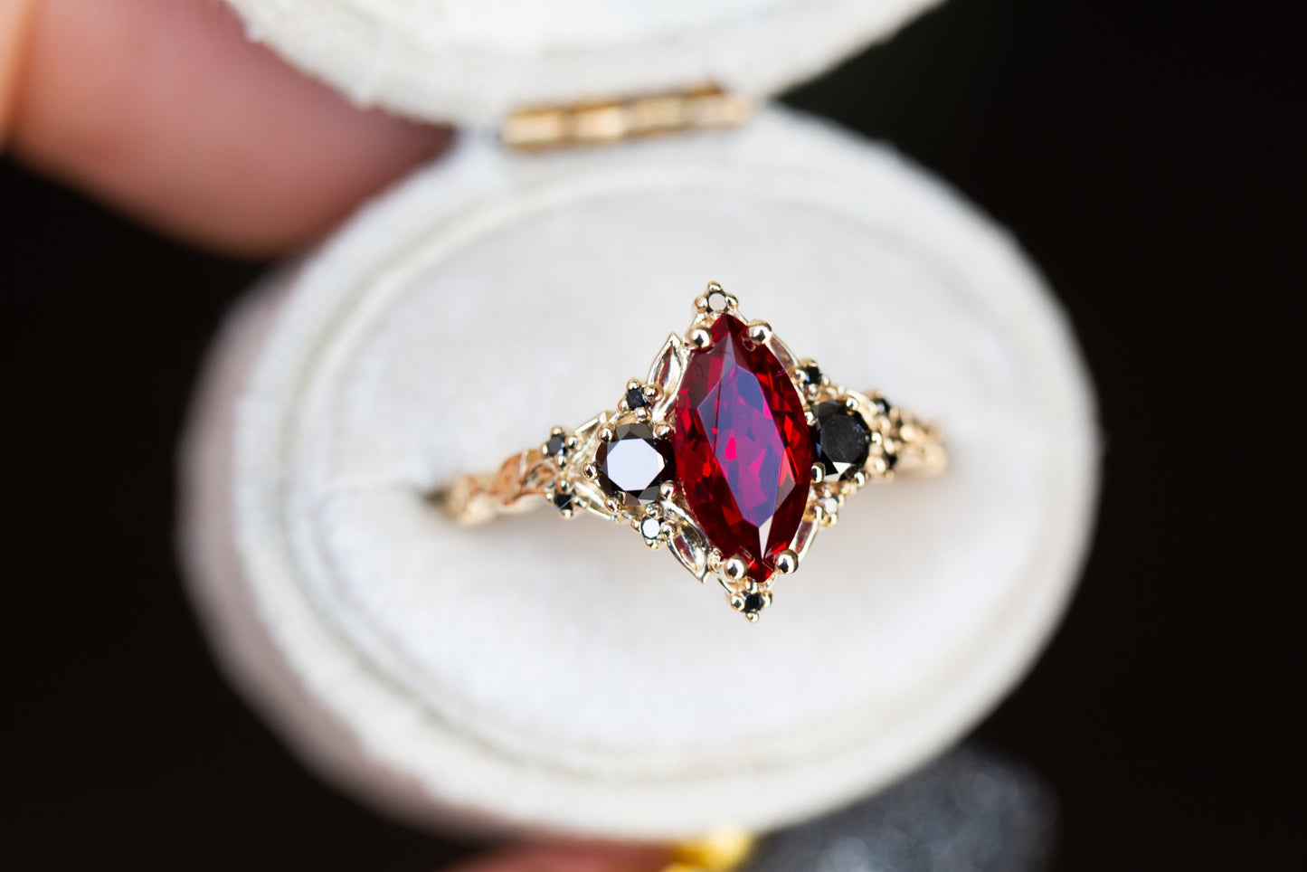 Oramore jewelryBriar rose three stone with marquise lab ruby and black diamonds