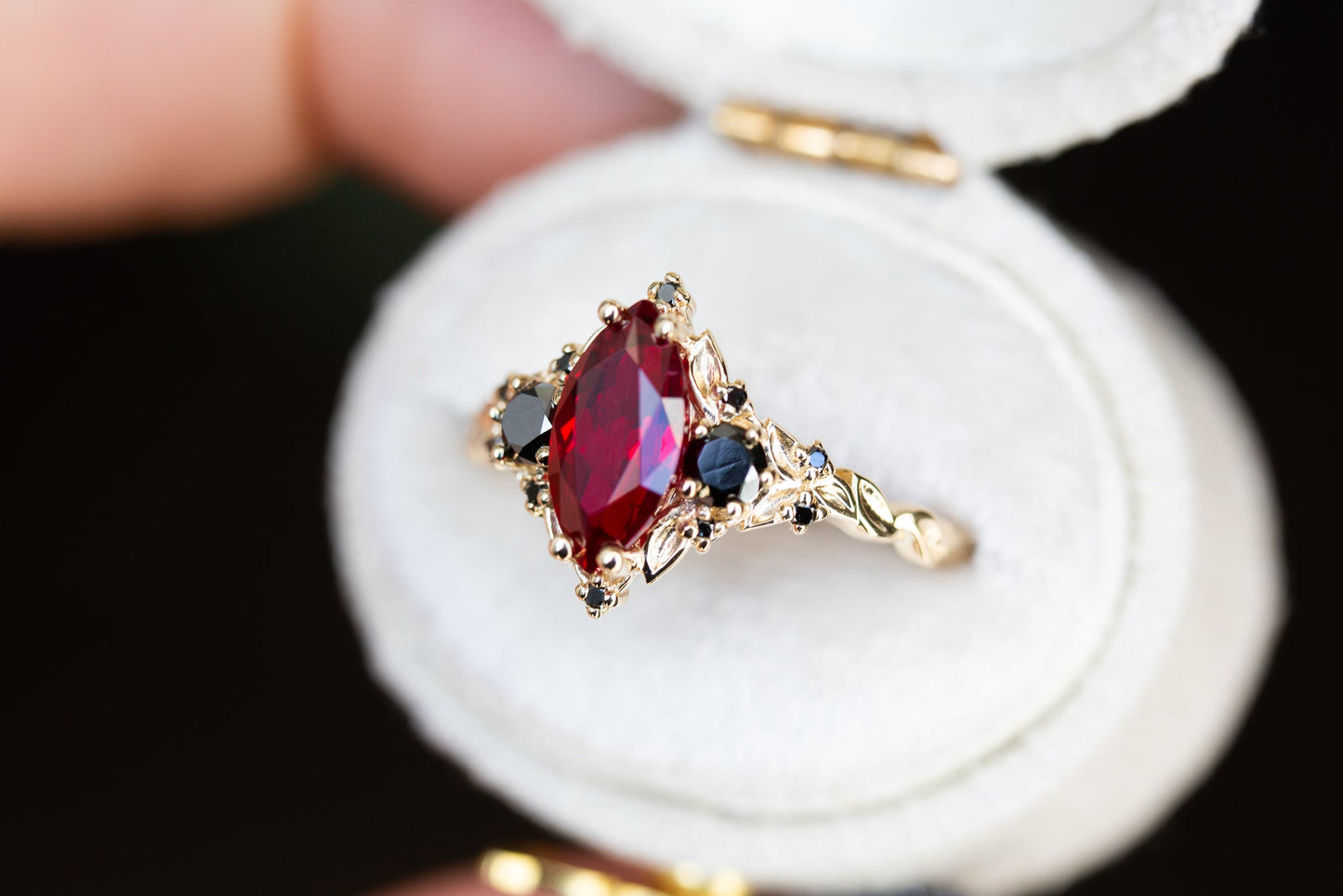 Oramore jewelryBriar rose three stone with marquise lab ruby and black diamonds