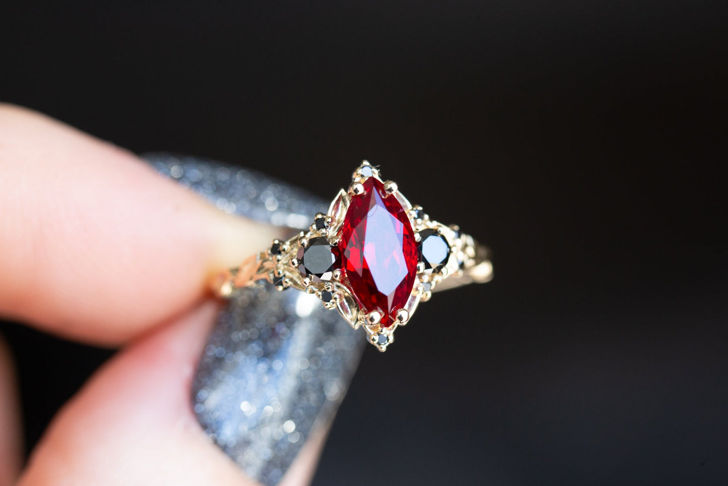 Oramore jewelryBriar rose three stone with marquise lab ruby and black diamonds