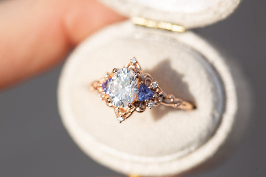 Oramore jewelry Aurora three stone with oval moissanite and tanzanite