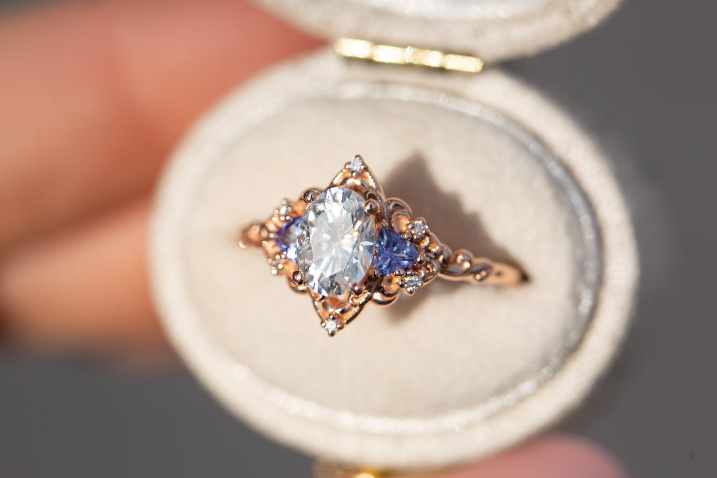Oramore jewelry Aurora three stone with oval moissanite and tanzanite