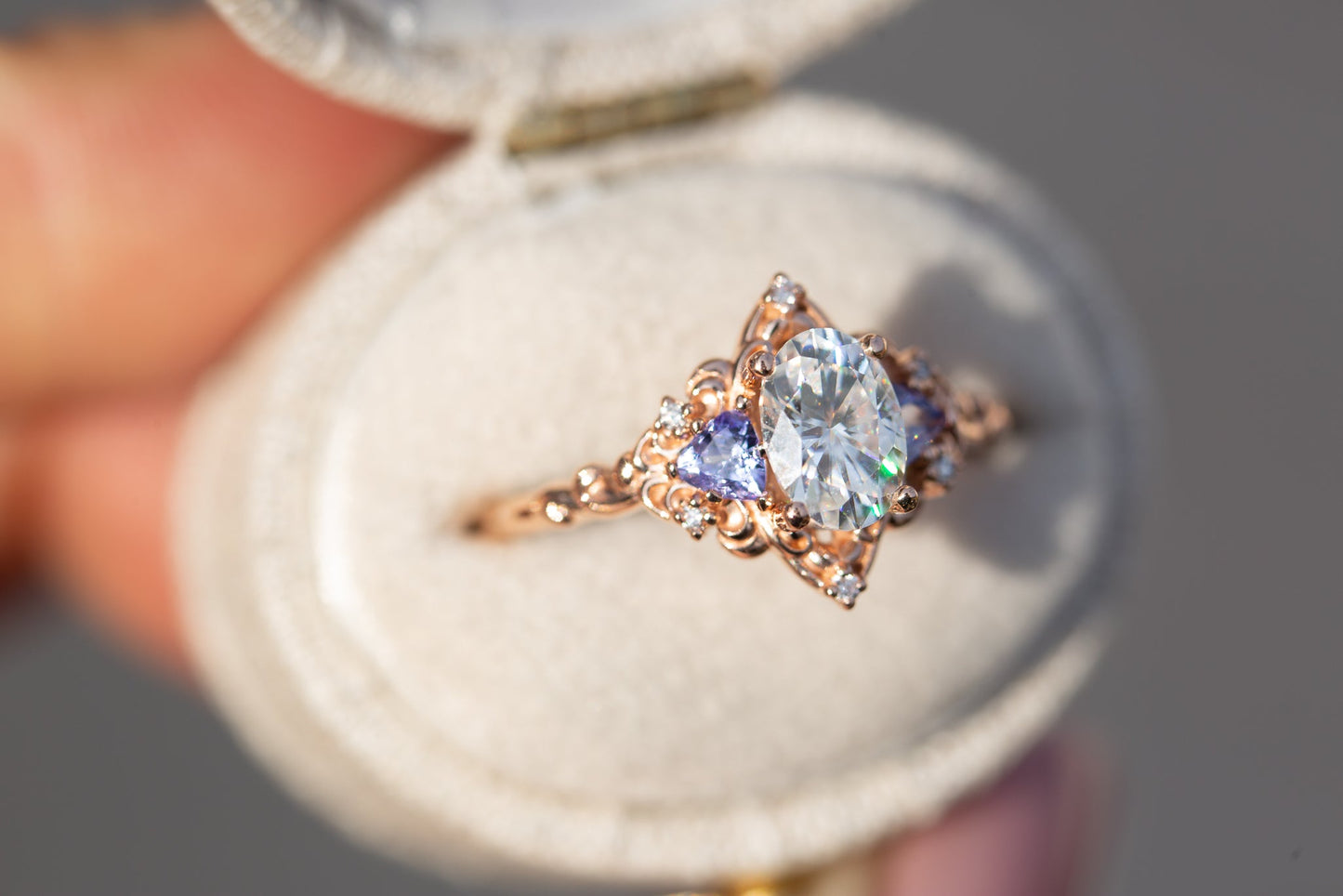 Oramore jewelry Aurora three stone with oval moissanite and tanzanite