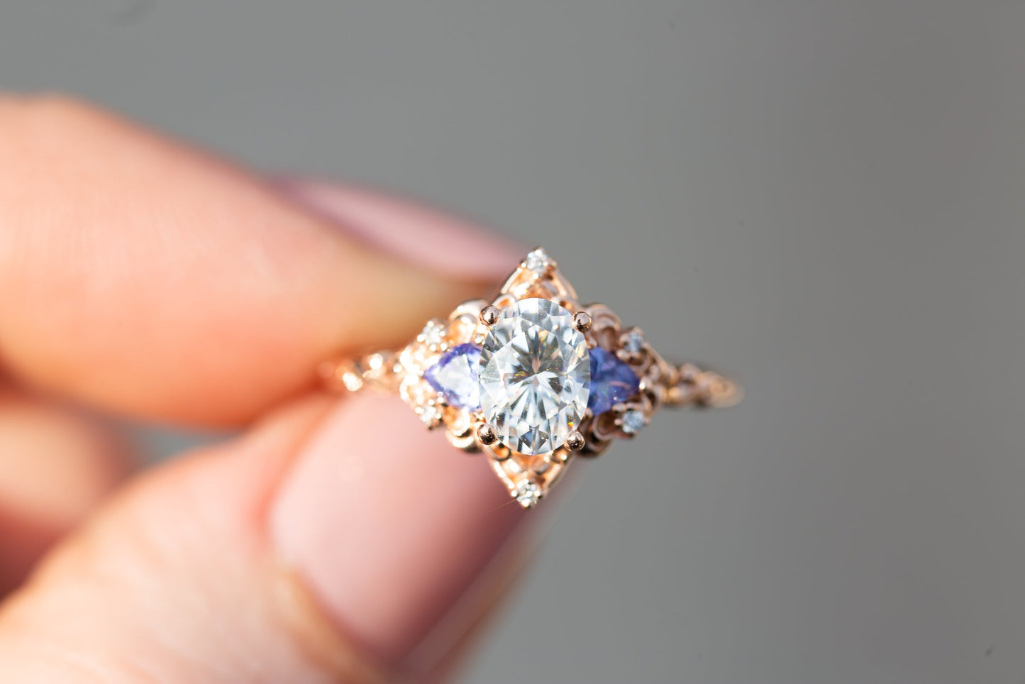 Oramore jewelry Aurora three stone with oval moissanite and tanzanite