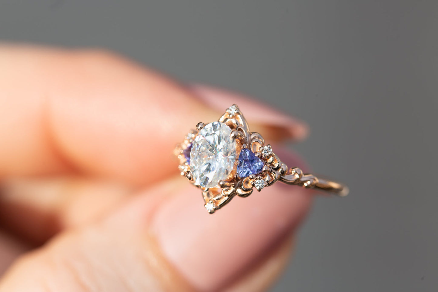 Oramore jewelry Aurora three stone with oval moissanite and tanzanite