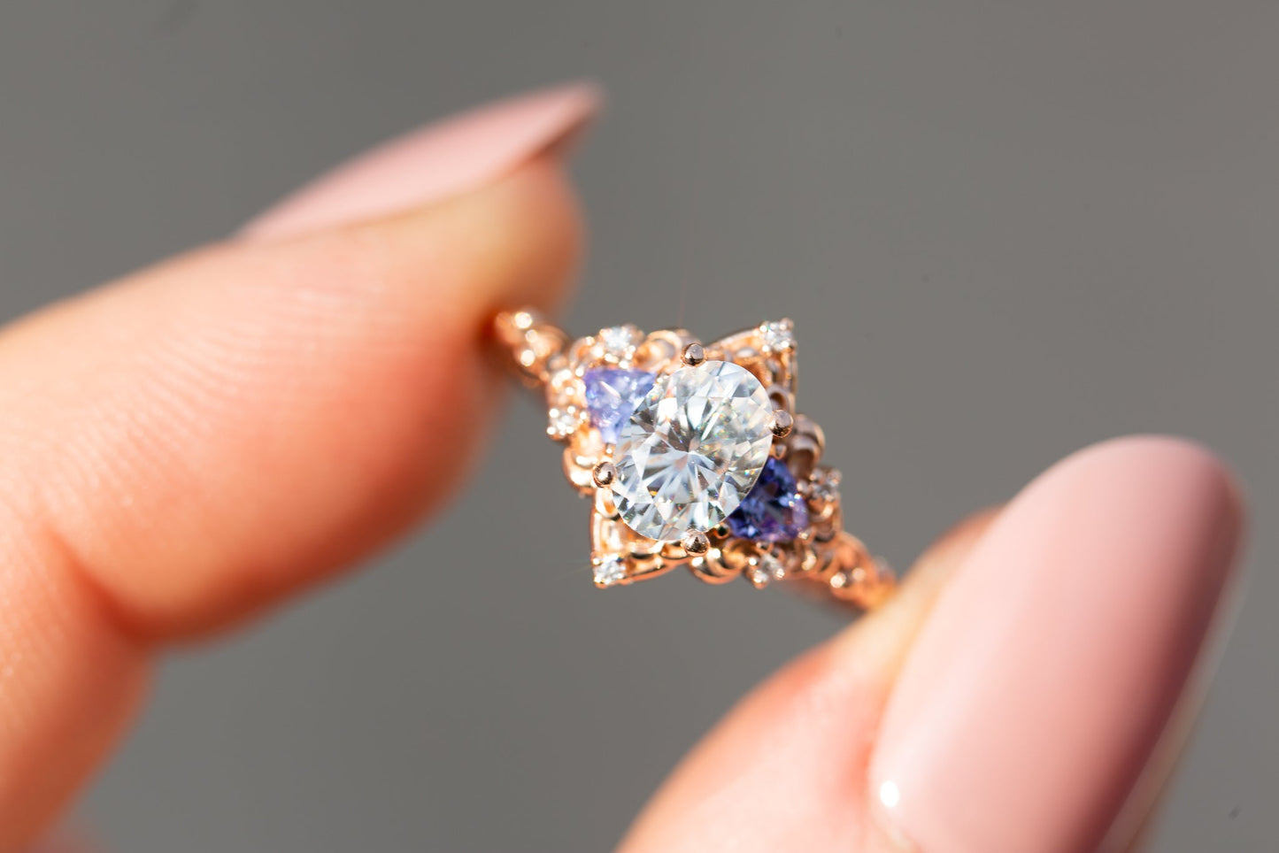 Oramore jewelry Aurora three stone with oval moissanite and tanzanite