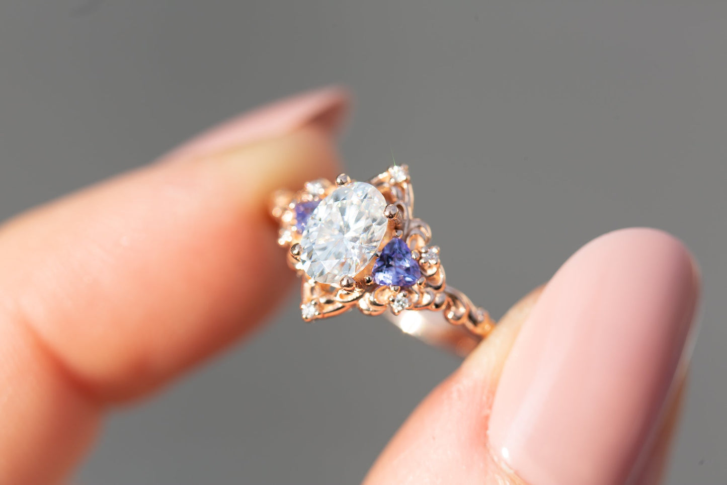 Oramore jewelry Aurora three stone with oval moissanite and tanzanite