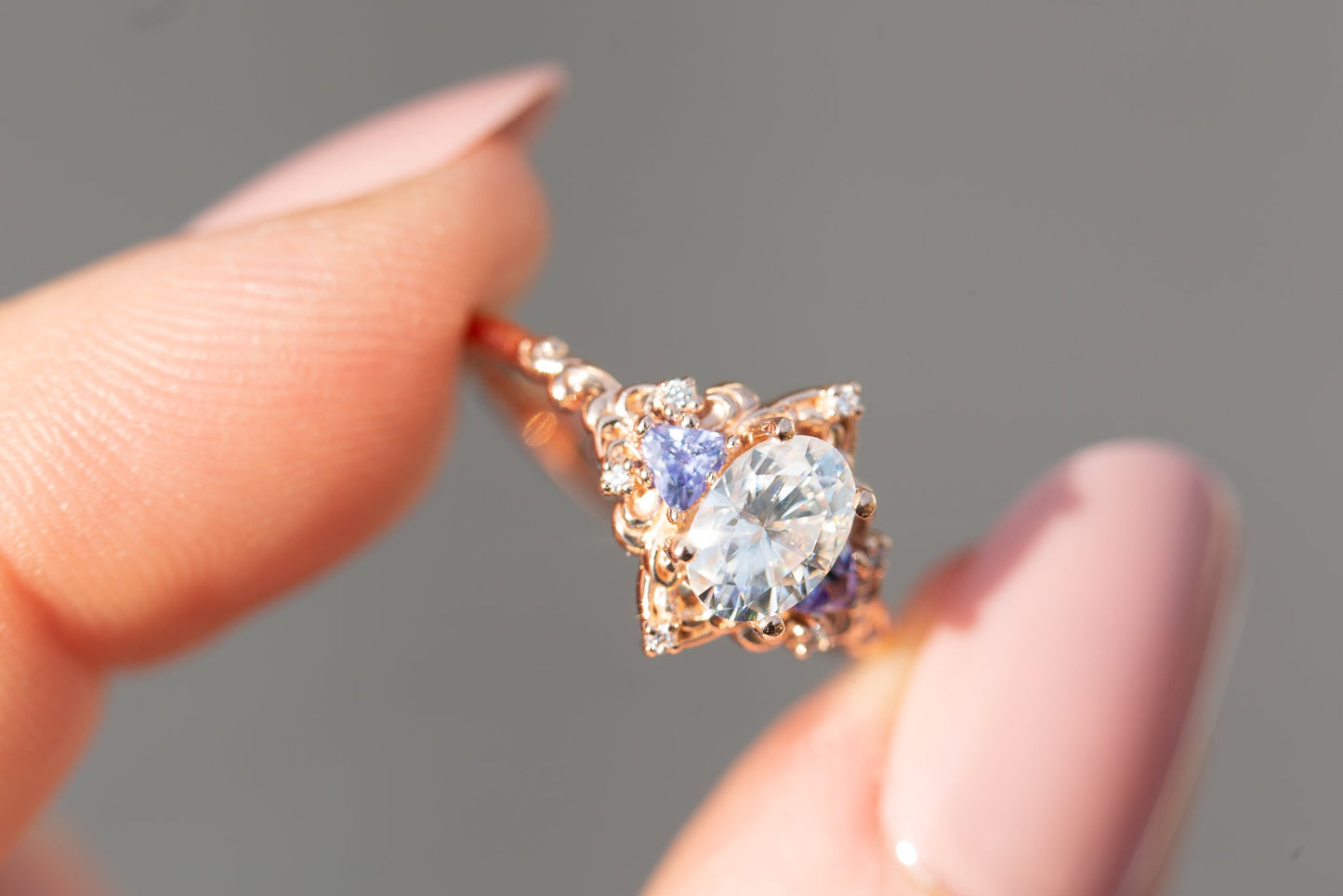Oramore jewelry Aurora three stone with oval moissanite and tanzanite