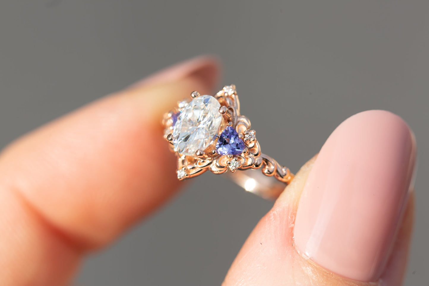 Oramore jewelry Aurora three stone with oval moissanite and tanzanite
