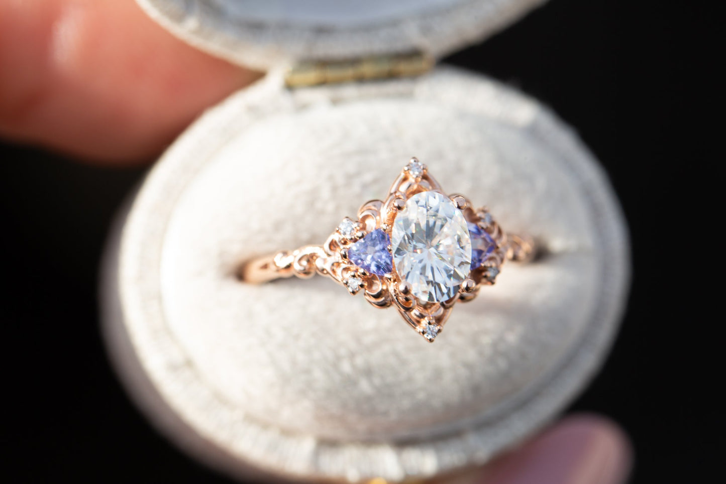 Oramore jewelry Aurora three stone with oval moissanite and tanzanite