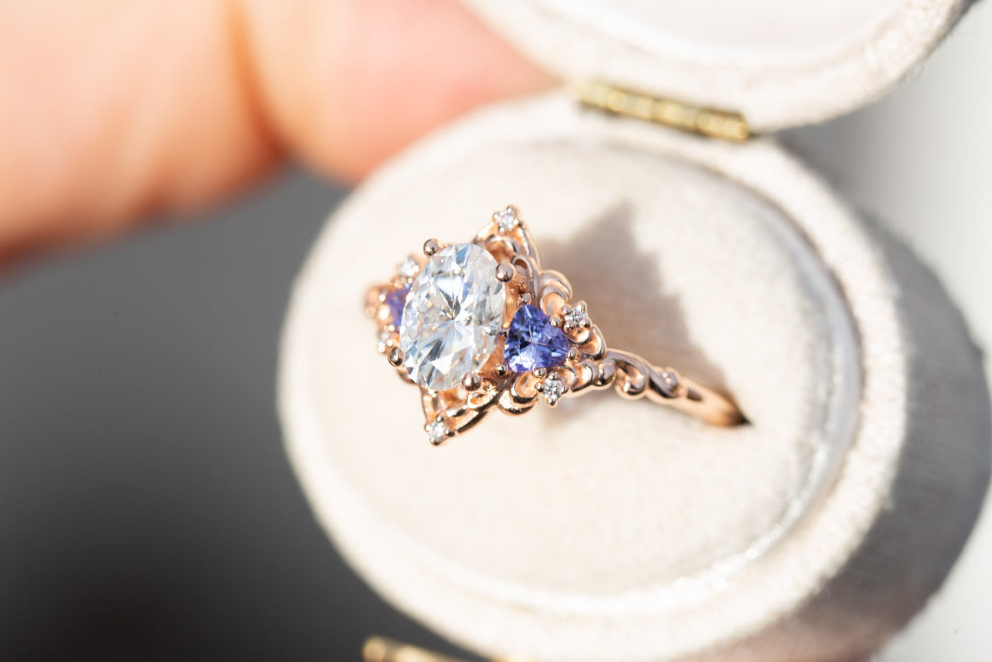 Oramore jewelry Aurora three stone with oval moissanite and tanzanite