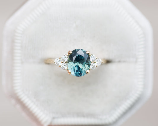 [Oramore Jewelry]Oval teal sapphire leaf engagement ring, seraphina setting