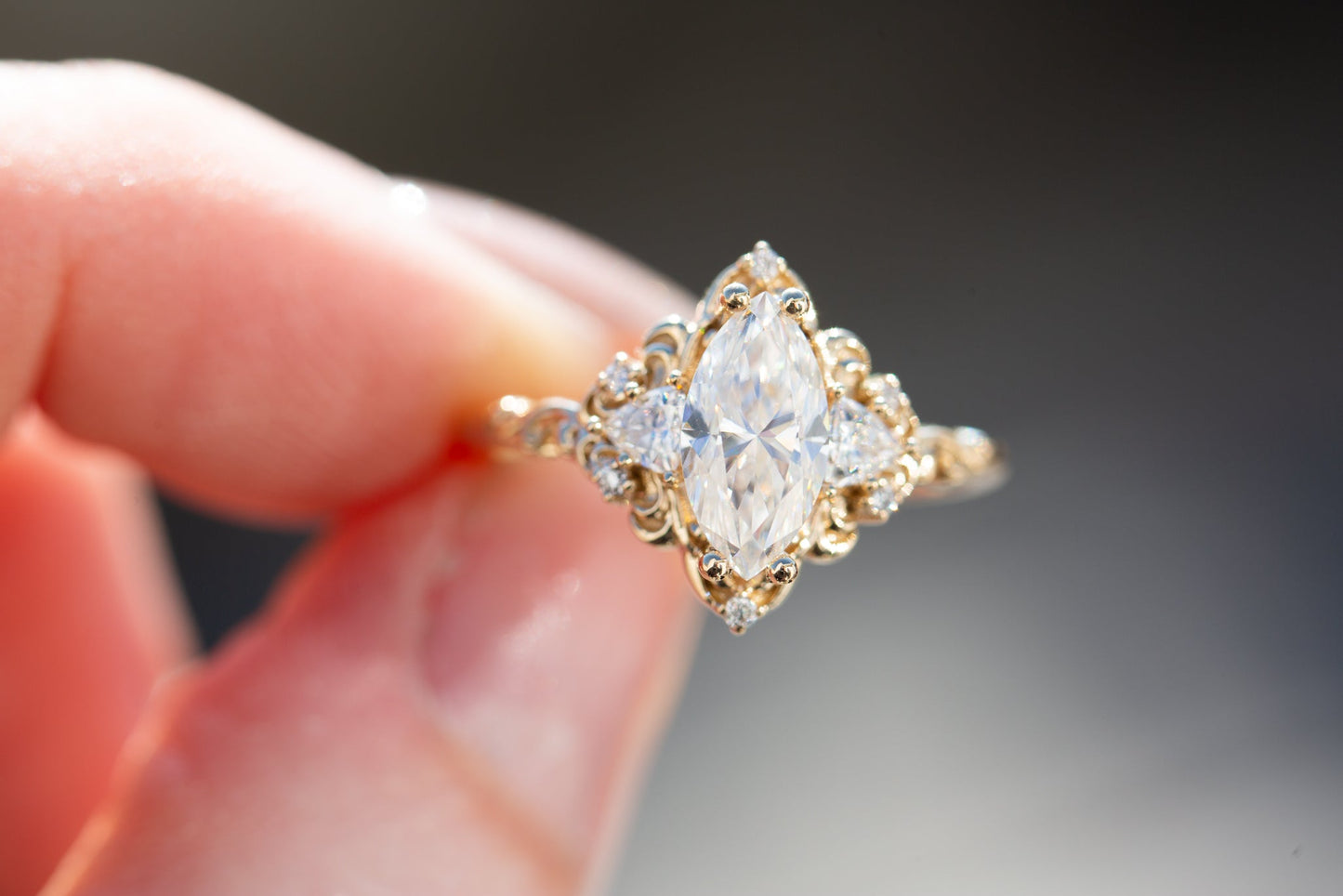 [Oramore jewelry] Aurora three stone with marquise moissanite