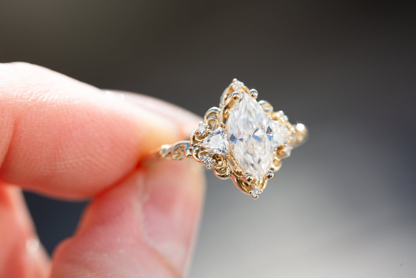 [Oramore jewelry] Aurora three stone with marquise moissanite