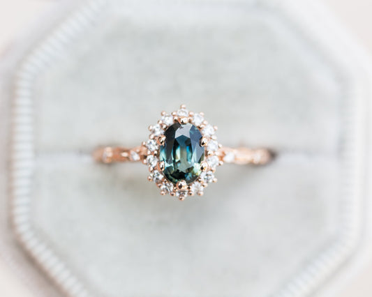 [Oramore Jewelry]Oval blue green halo leaf ring, Eqwene setting