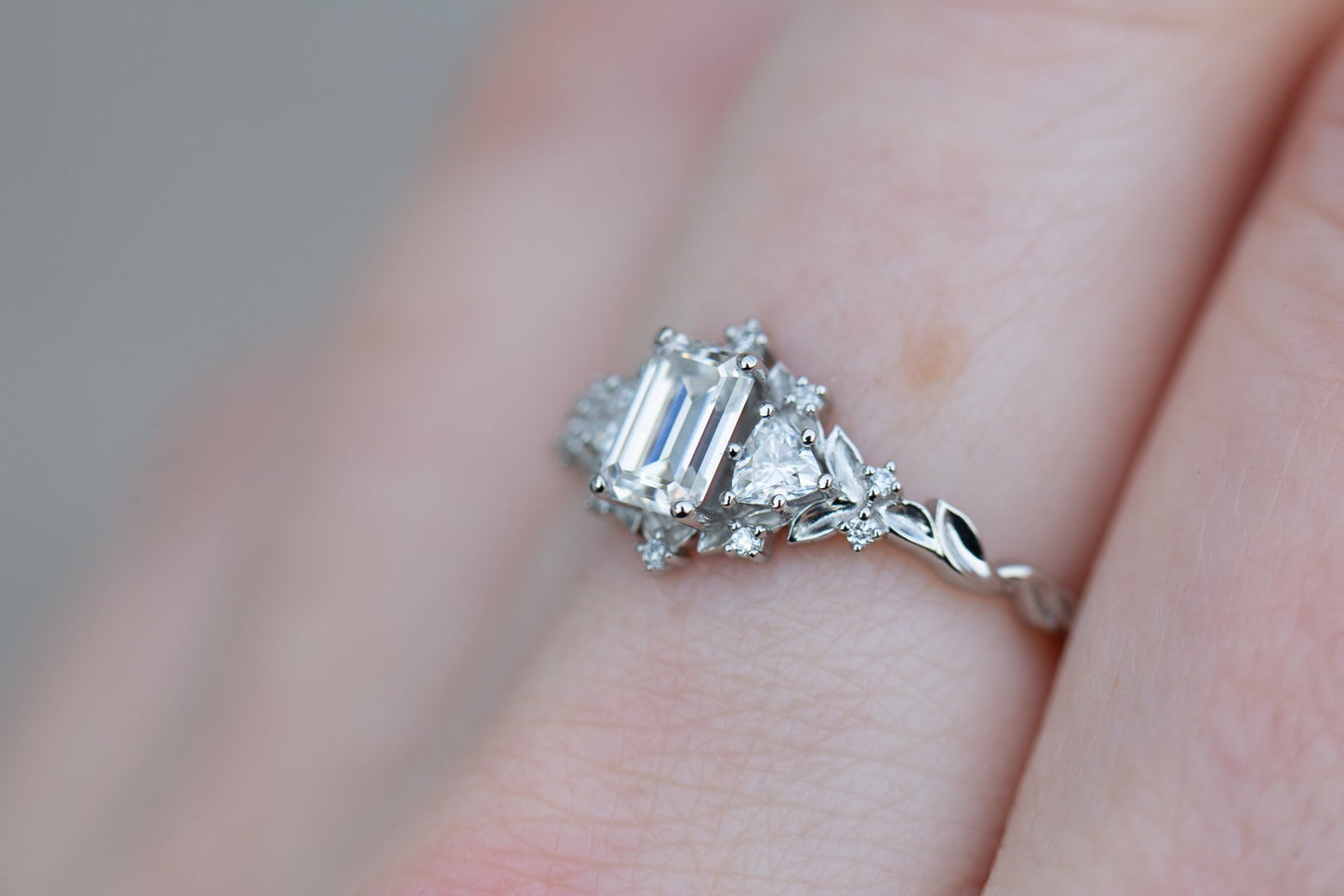 [Oramore Jewelry]Briar rose three stone with 6x4mm emerald cut moissanite