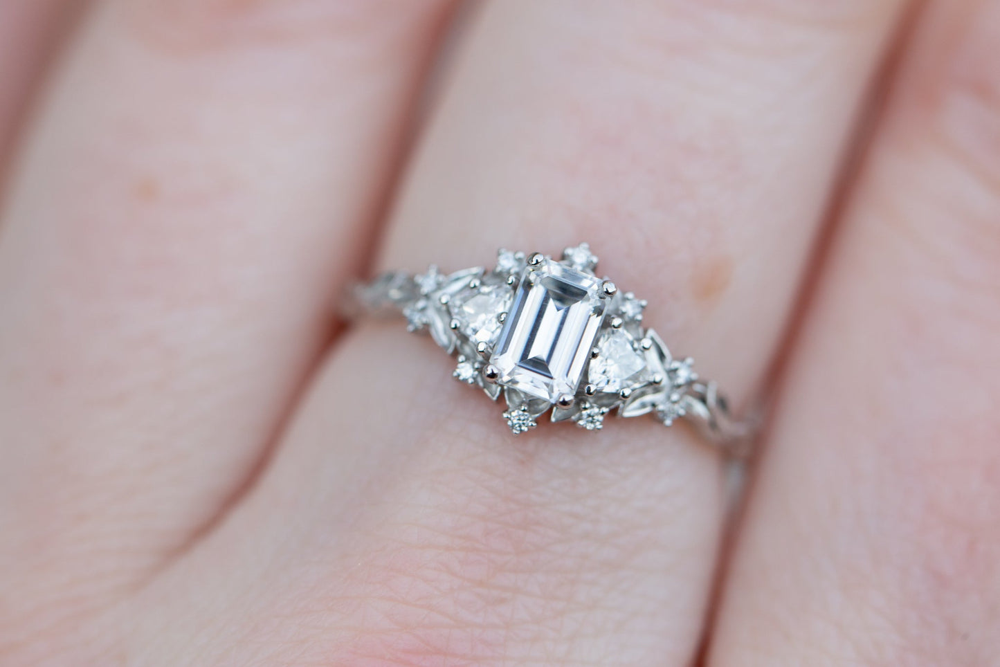 [Oramore Jewelry]Briar rose three stone with 6x4mm emerald cut moissanite