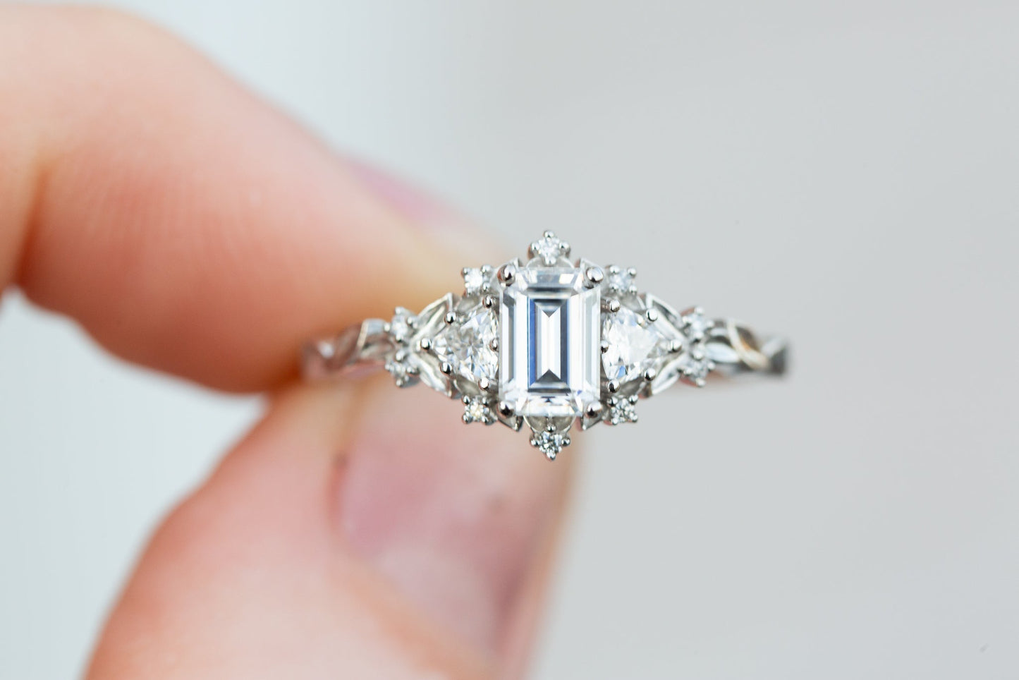 [Oramore Jewelry]Briar rose three stone with 6x4mm emerald cut moissanite