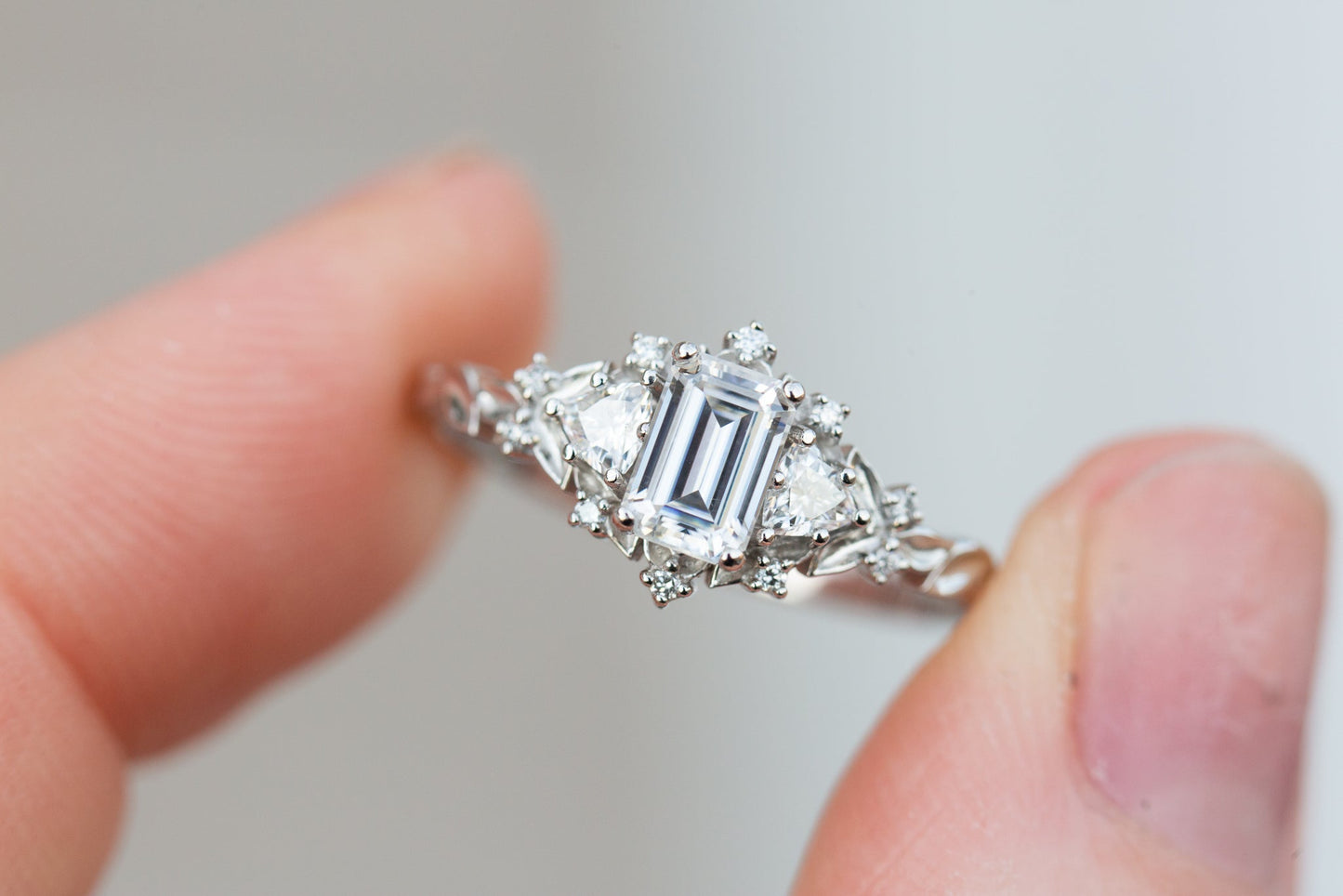 [Oramore Jewelry]Briar rose three stone with 6x4mm emerald cut moissanite