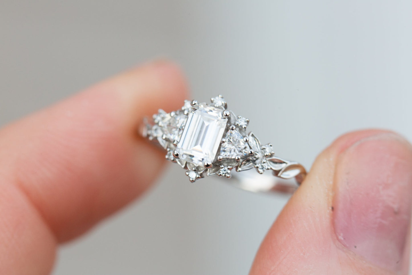 [Oramore Jewelry]Briar rose three stone with 6x4mm emerald cut moissanite