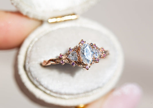 [Oramore jewelry]Briar rose three stone with moissanite and pink sapphire accents