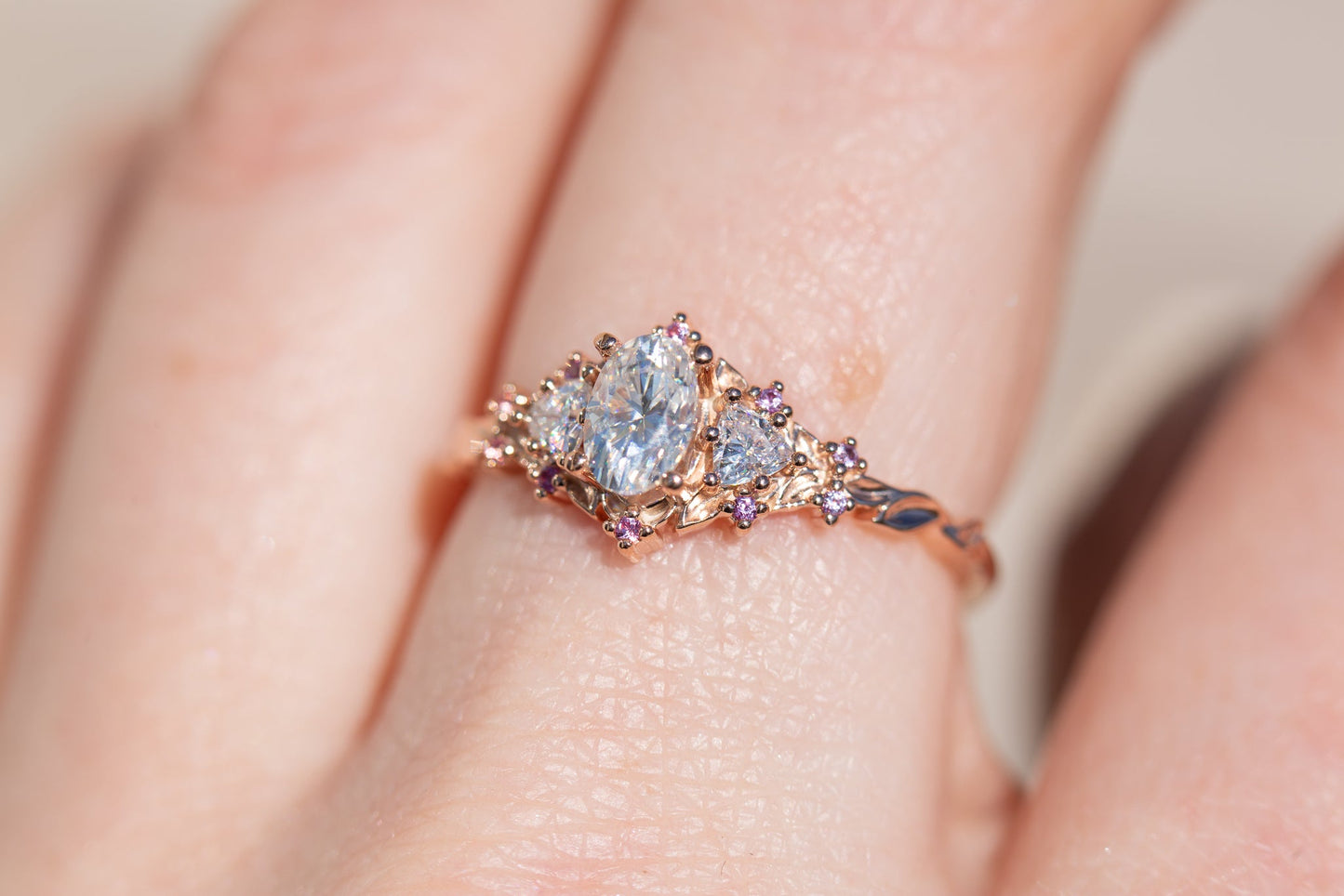 [Oramore jewelry]Briar rose three stone with moissanite and pink sapphire accents