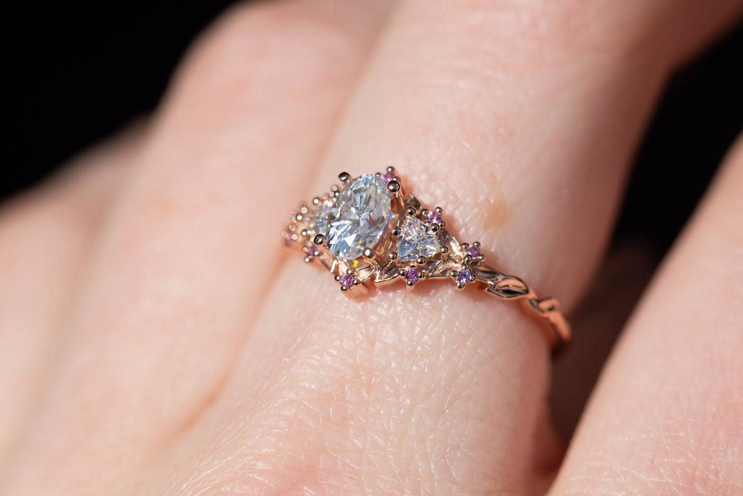 [Oramore jewelry]Briar rose three stone with moissanite and pink sapphire accents