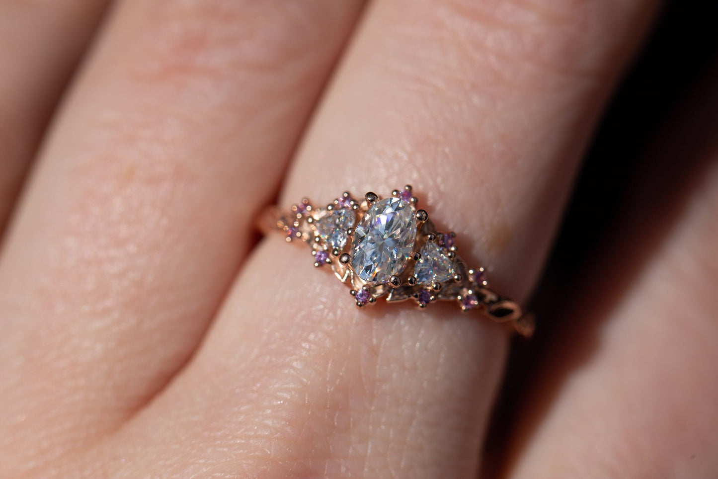 [Oramore jewelry]Briar rose three stone with moissanite and pink sapphire accents
