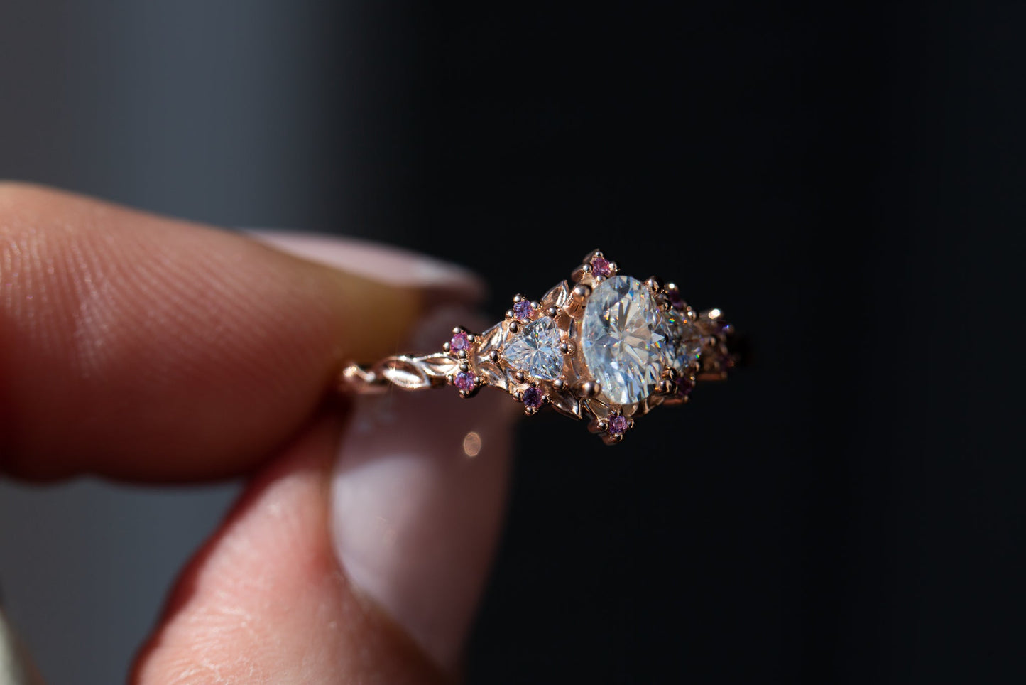 [Oramore jewelry]Briar rose three stone with moissanite and pink sapphire accents