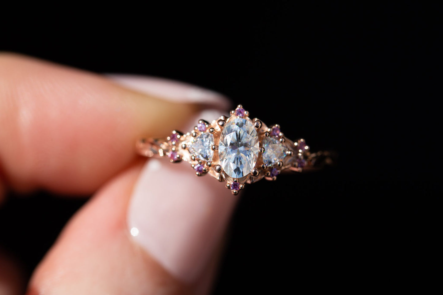 [Oramore jewelry]Briar rose three stone with moissanite and pink sapphire accents