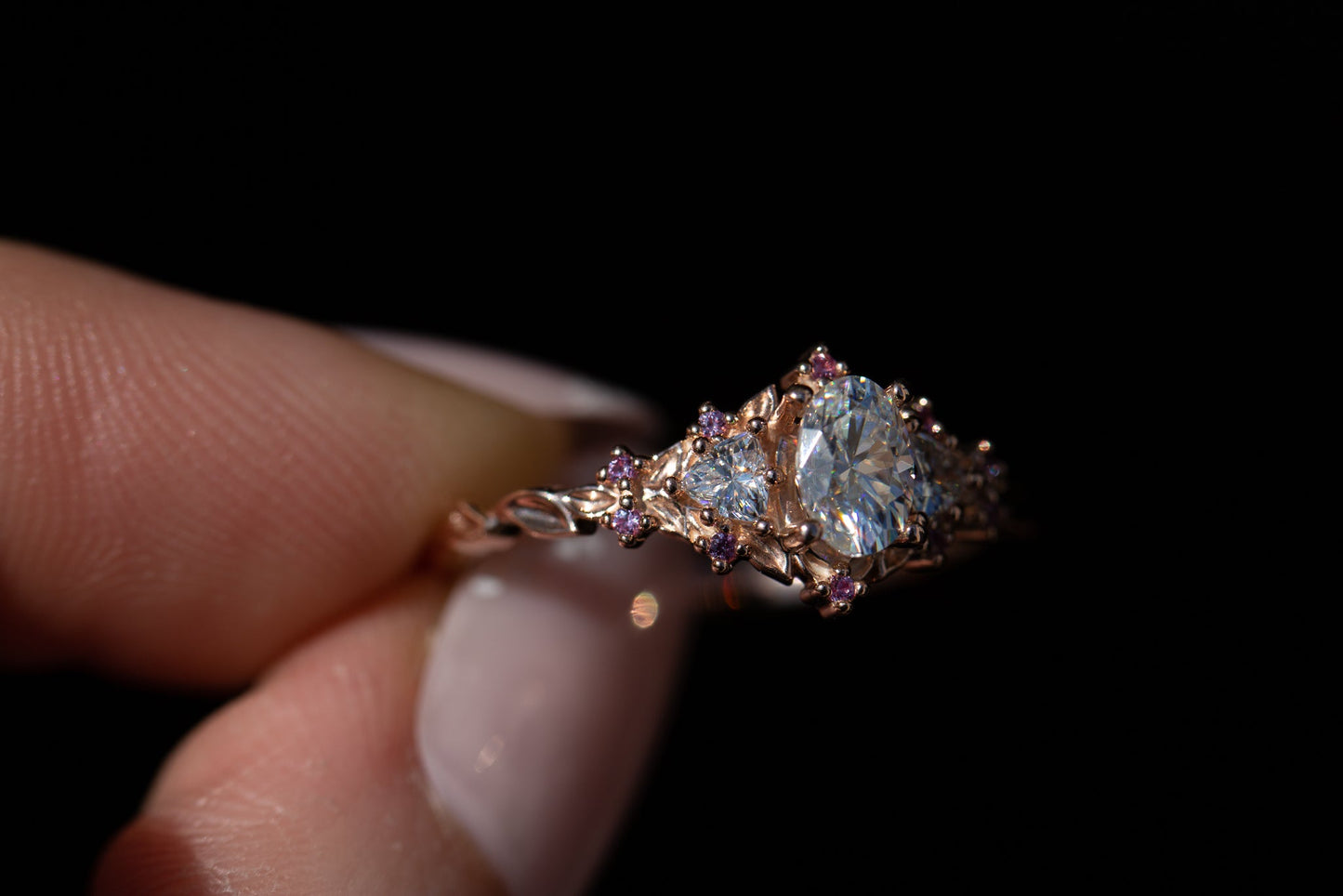 [Oramore jewelry]Briar rose three stone with moissanite and pink sapphire accents