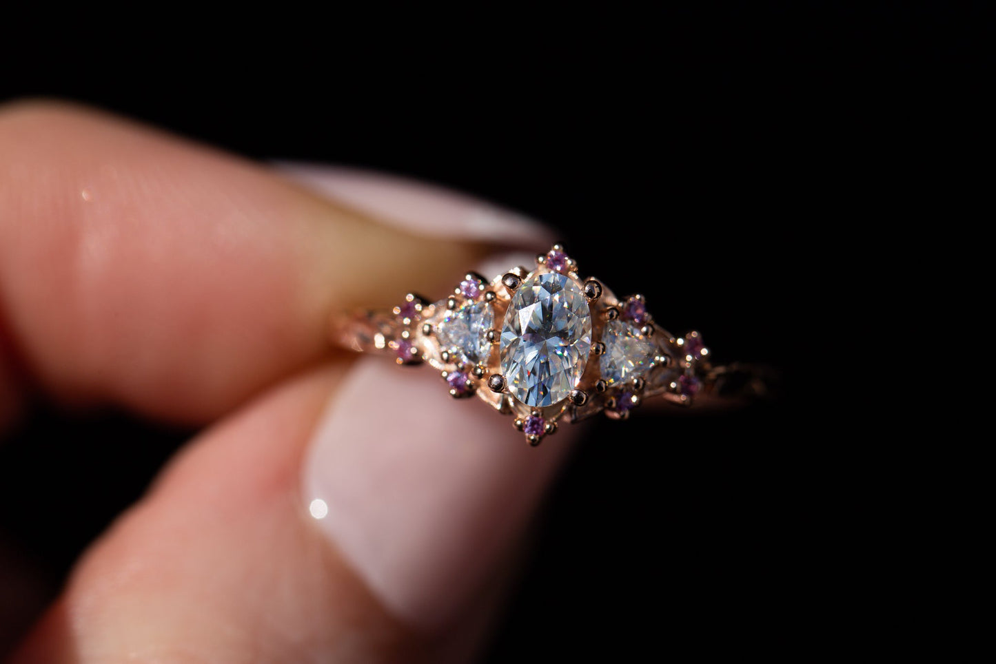 [Oramore jewelry]Briar rose three stone with moissanite and pink sapphire accents