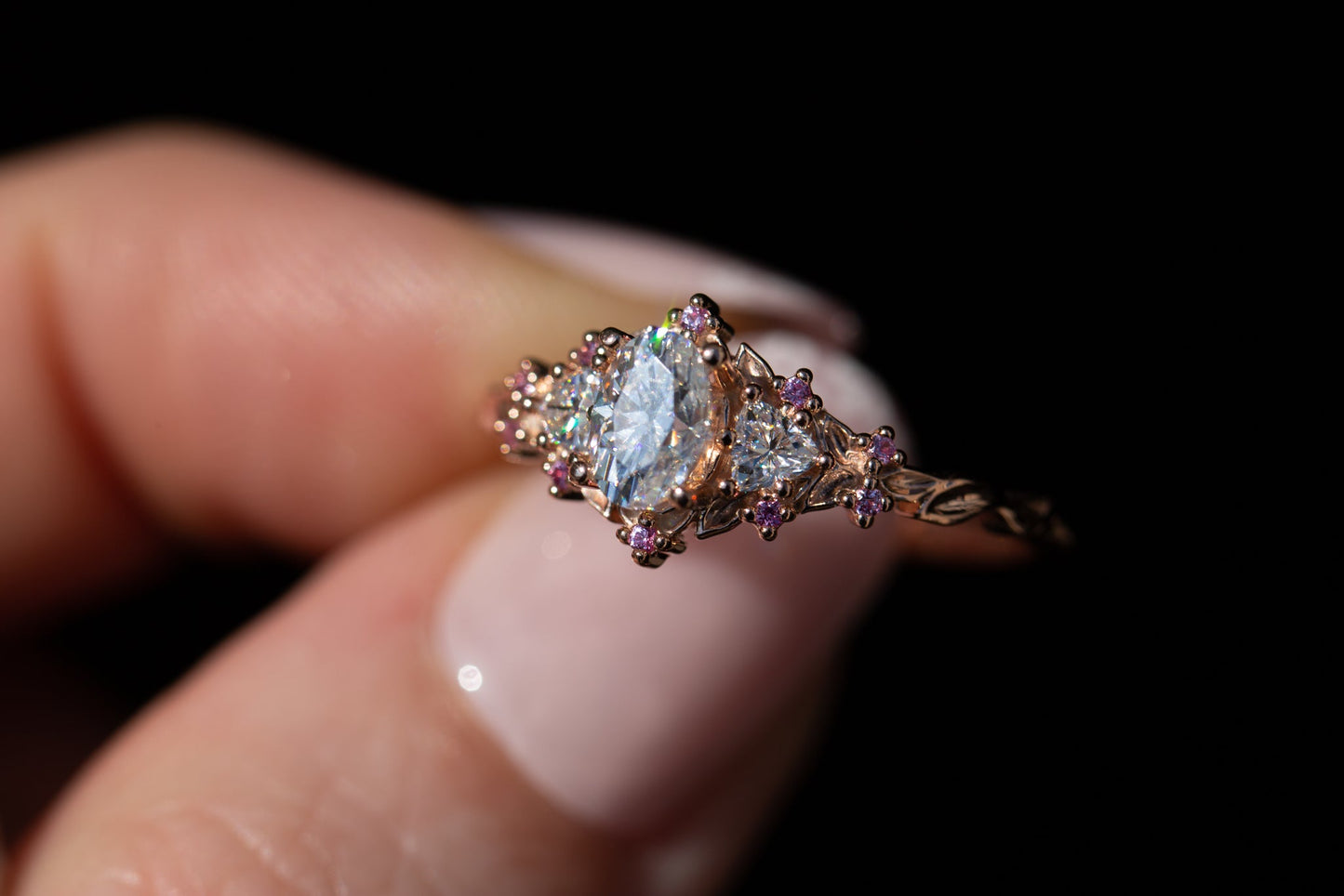 [Oramore jewelry]Briar rose three stone with moissanite and pink sapphire accents