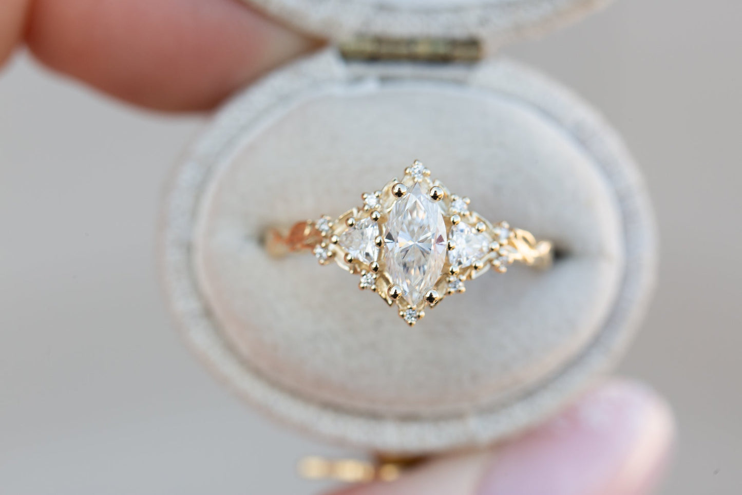 [Oramore jewelry]Briar rose three stone with 8x4mm marquise moissanite