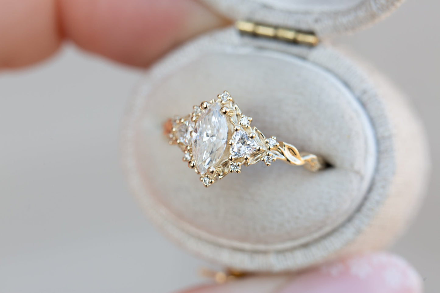 [Oramore jewelry]Briar rose three stone with 8x4mm marquise moissanite