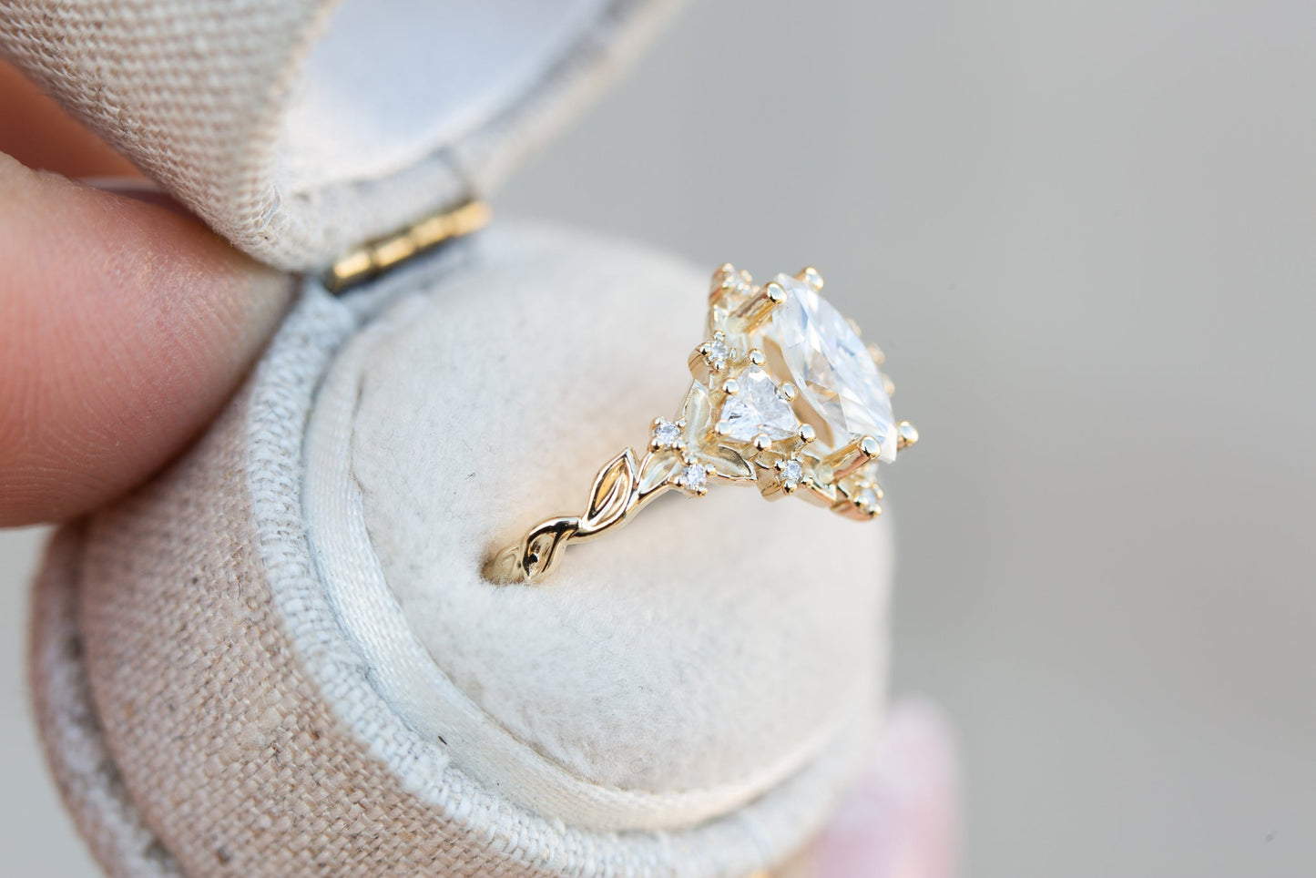 [Oramore jewelry]Briar rose three stone with 8x4mm marquise moissanite