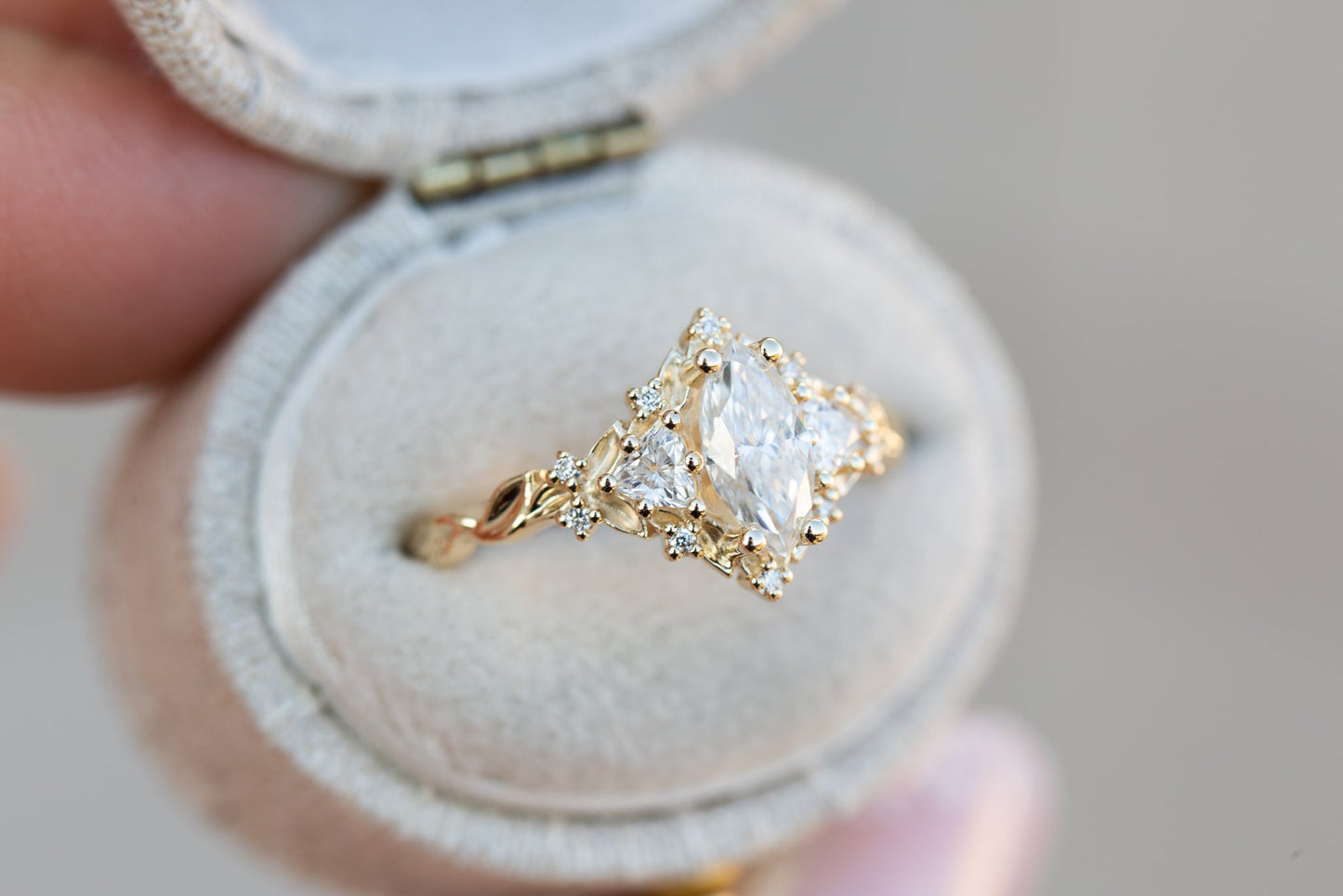 [Oramore jewelry]Briar rose three stone with 8x4mm marquise moissanite