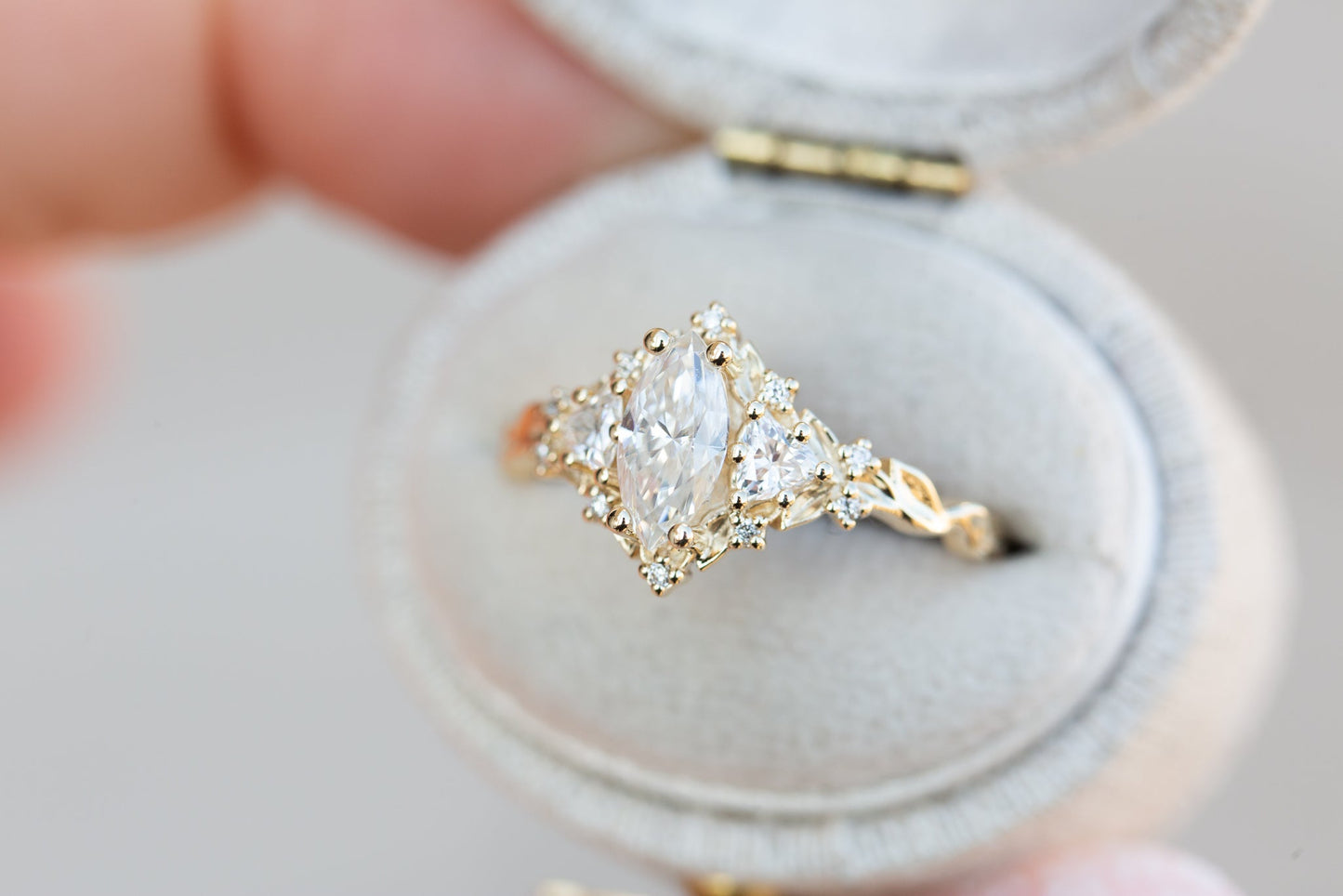 [Oramore jewelry]Briar rose three stone with 8x4mm marquise moissanite
