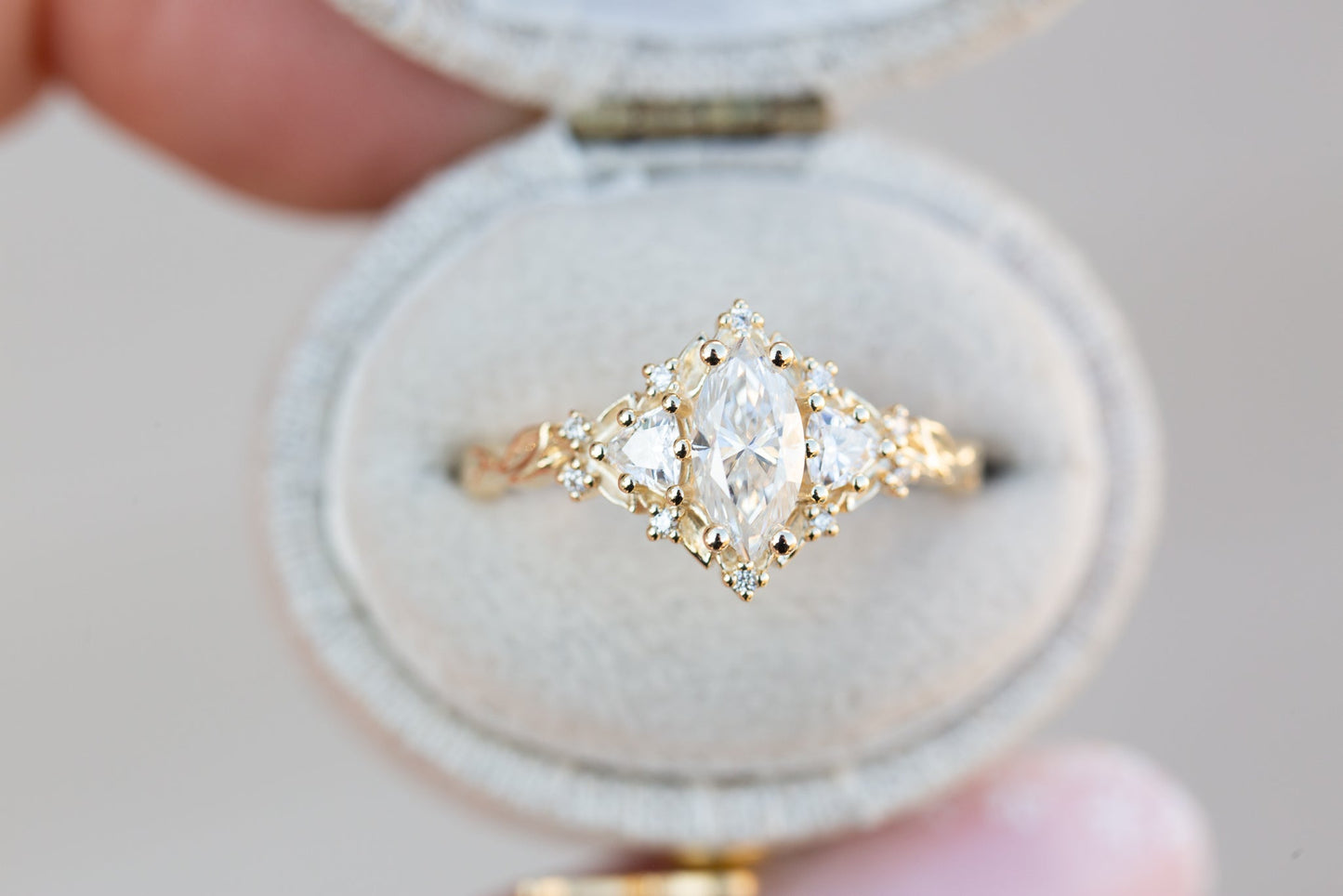 [Oramore jewelry]Briar rose three stone with 8x4mm marquise moissanite