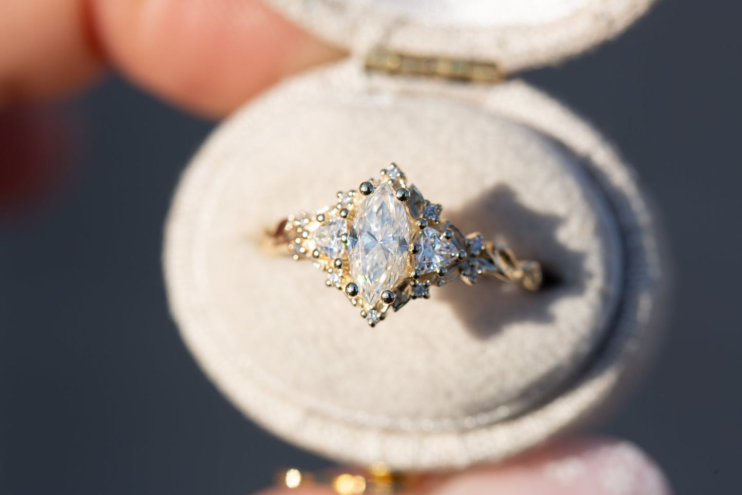 [Oramore jewelry]Briar rose three stone with 8x4mm marquise moissanite