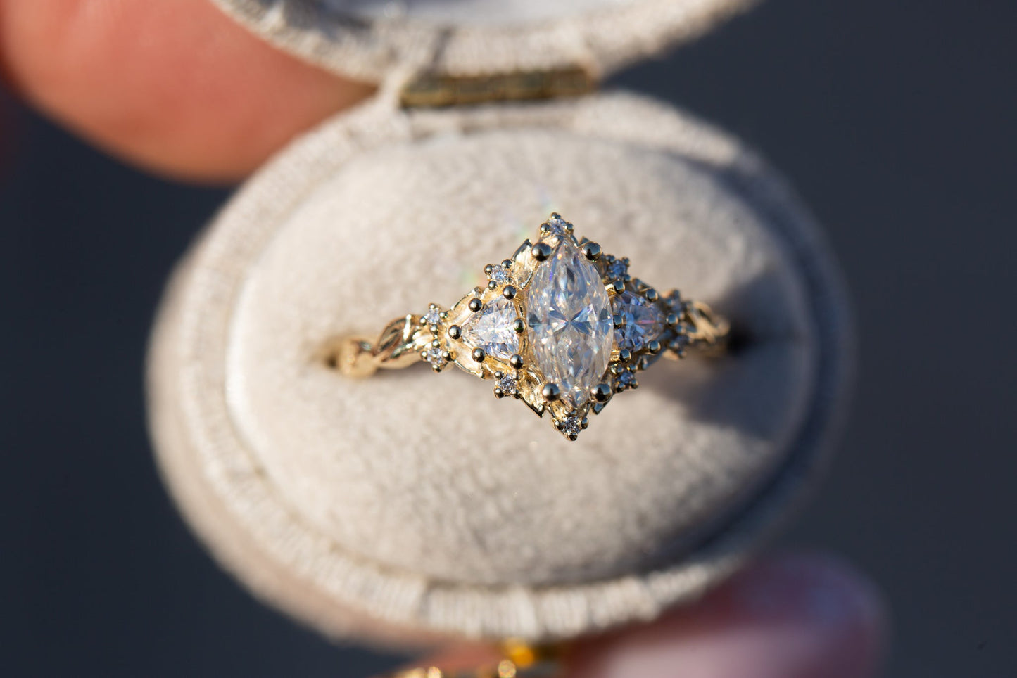 [Oramore jewelry]Briar rose three stone with 8x4mm marquise moissanite