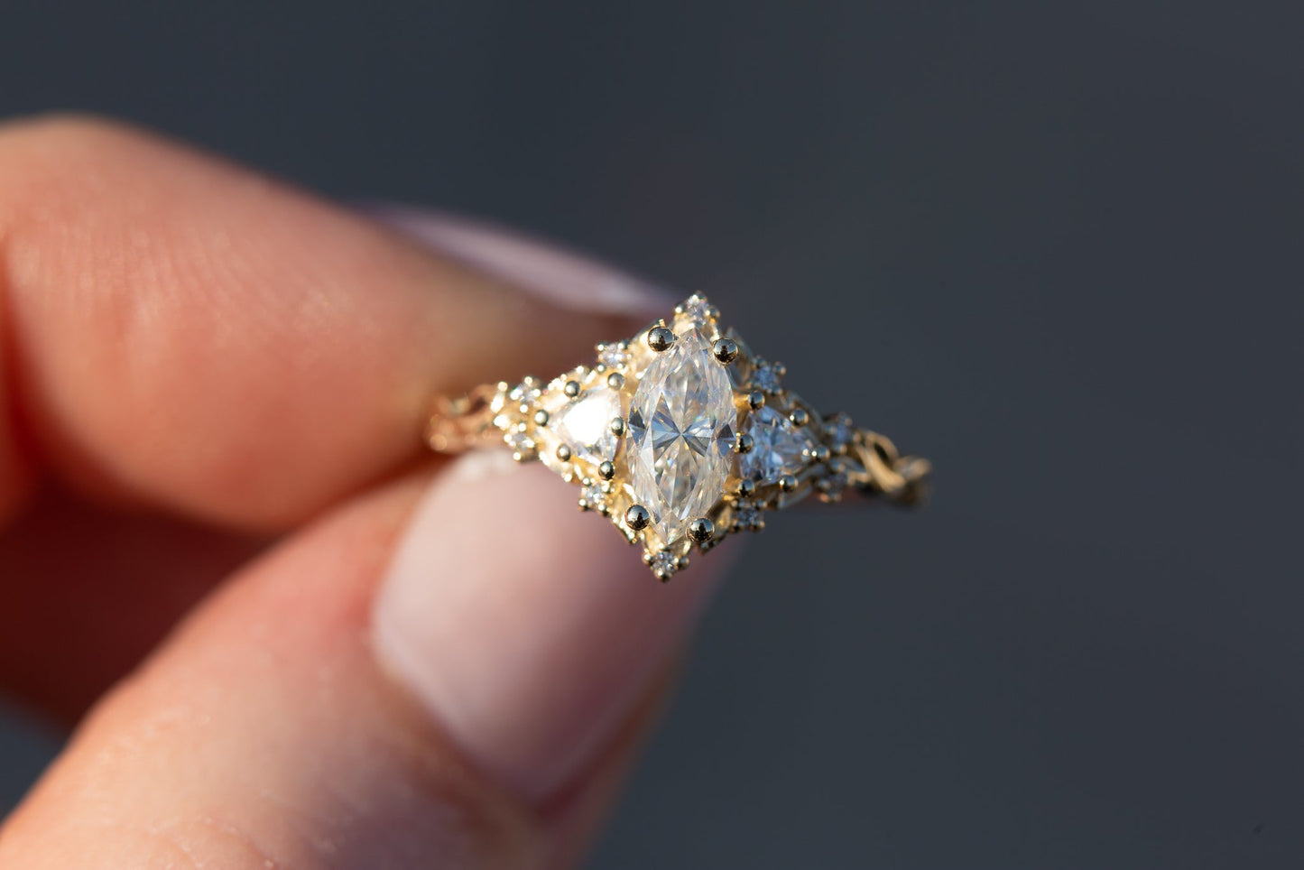[Oramore jewelry]Briar rose three stone with 8x4mm marquise moissanite