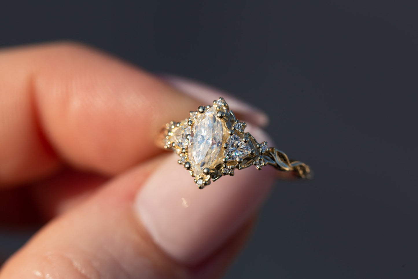 [Oramore jewelry]Briar rose three stone with 8x4mm marquise moissanite