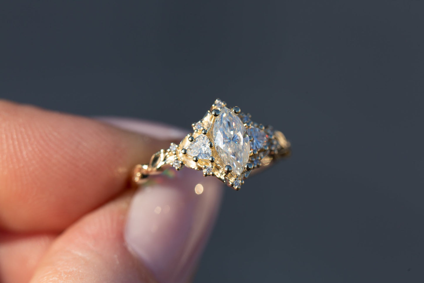 [Oramore jewelry]Briar rose three stone with 8x4mm marquise moissanite