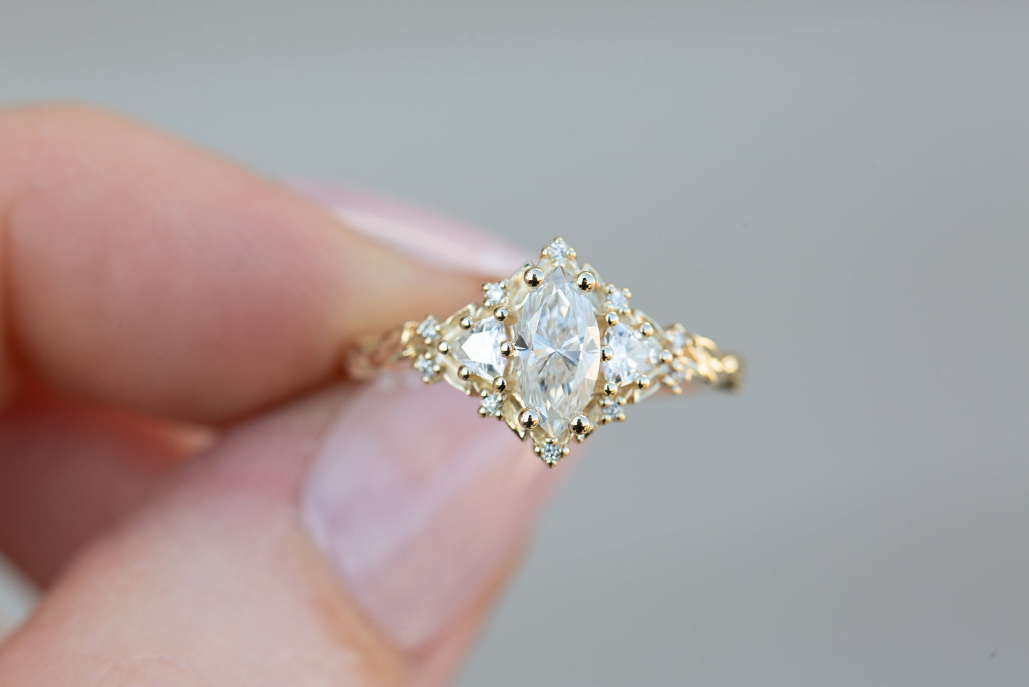 [Oramore jewelry]Briar rose three stone with 8x4mm marquise moissanite